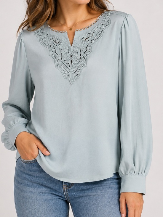 Rachel Zoe Tops - Rachel Zoe Pale Blue Lace-Yoke Long Sleeve Blouse MEDIUM